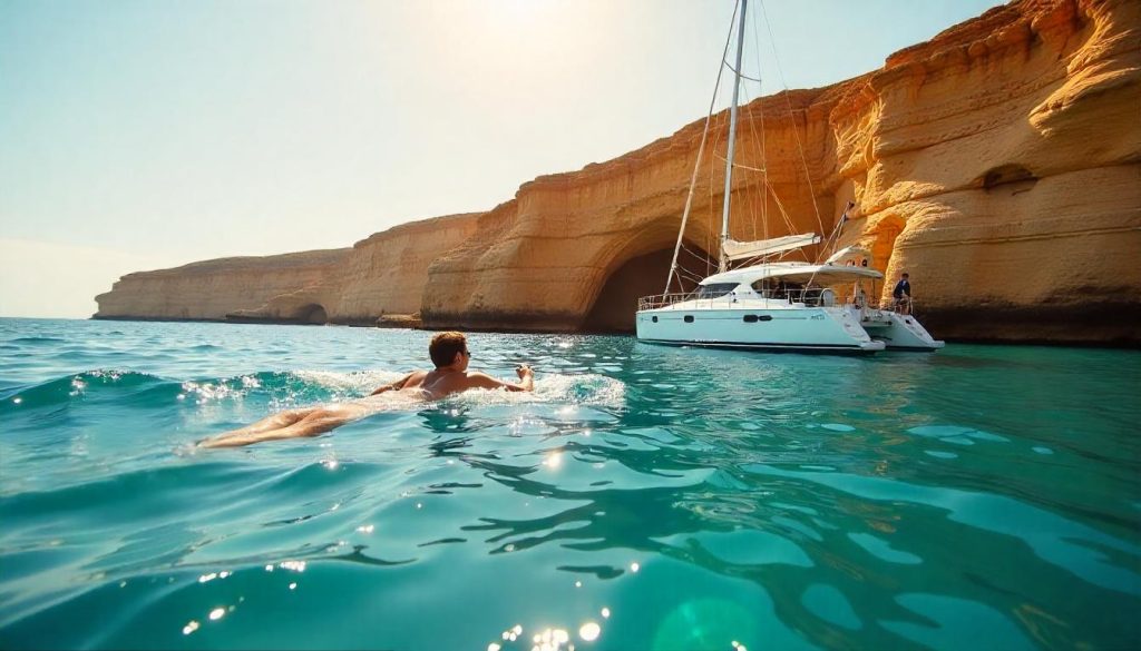 Yacht at Praia da Marinha during yachting Portugal coastal sailing, with a beginner snorkeling and cliffs in the background.